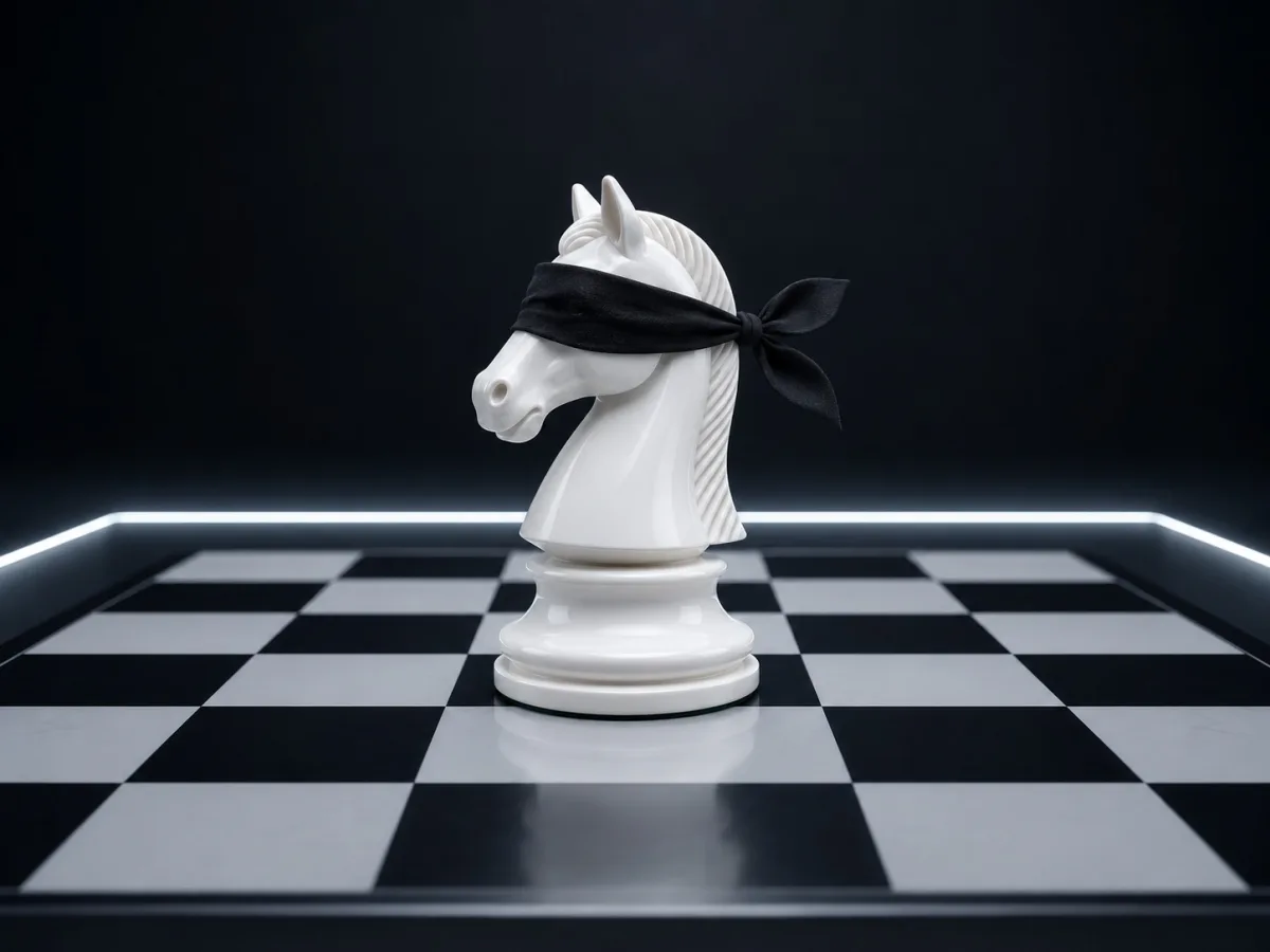 Cover of Blindfold Chess: a white knight wearing a black blindfold on a chessboard