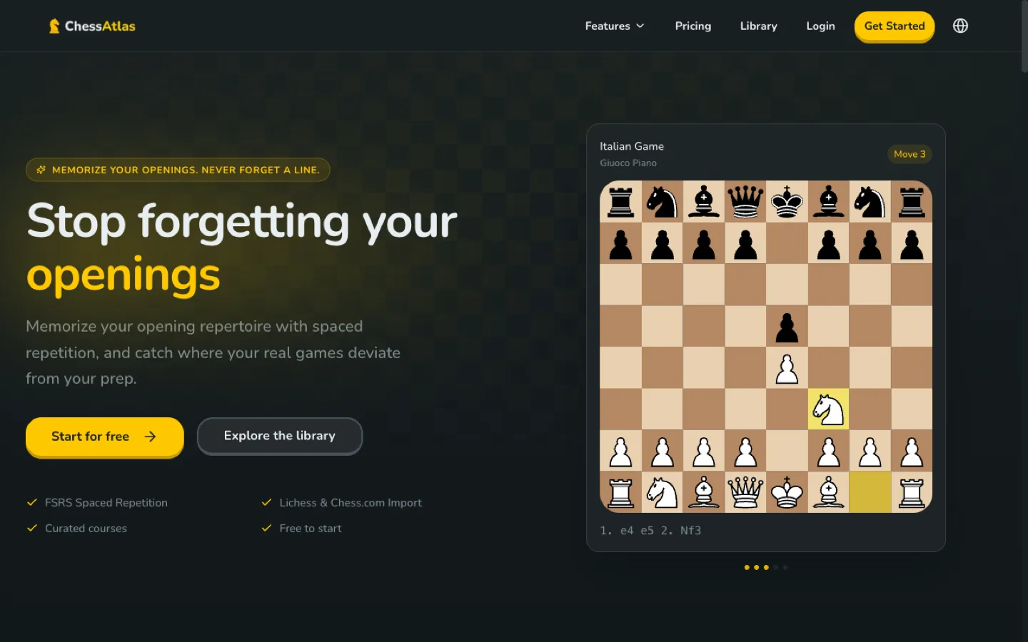 ChessAtlas opening trainer drilling an Italian Game repertoire line